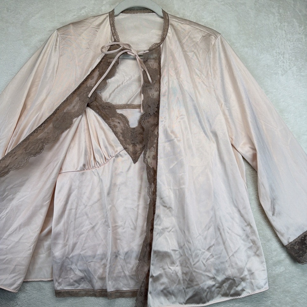 Vintage MG JCPenney Womens M Nylon Peignoir Pajama Set Pink Lace Robe Camisole